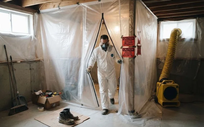 A contractor in protective gear reviews an area marked off for containment before abatement work begins on an older home