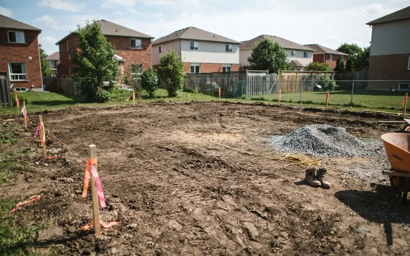 A cleared residential lot with grading equipment nearby, ready for a new foundation to be excavated after the old structure was removed