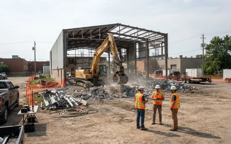 A commercial building undergoing partial demolition with construction fencing and signage around the site to keep the area secured