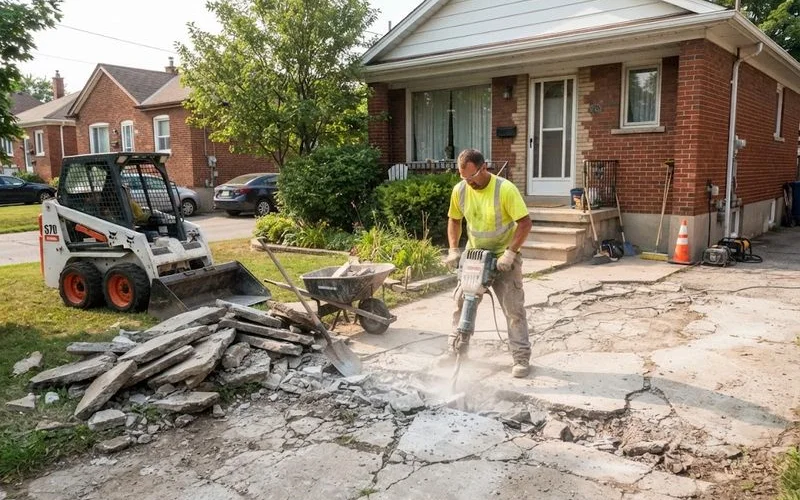 A hydraulic breaker attachment mounted on an excavator breaks apart an old concrete driveway slab piece by piece