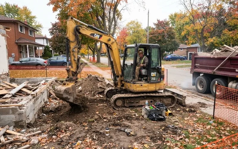 An excavator works on a site clearing project in early autumn, with fallen leaves visible on the ground around the equipment