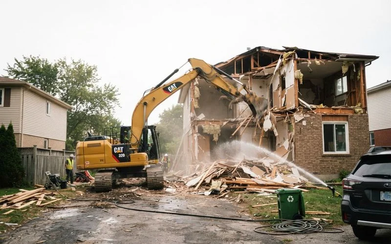 An excavator operator carefully brings down the remaining structure of a house during a demolition, with debris being sorted on site