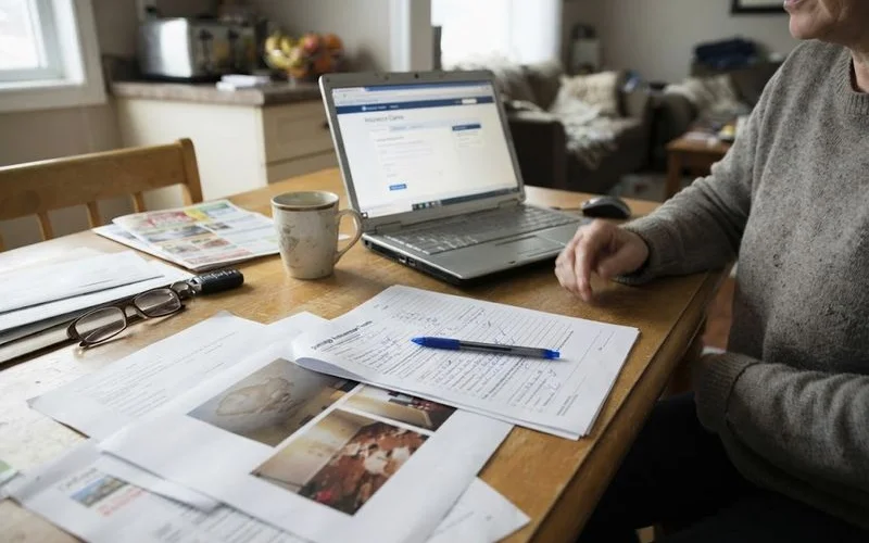A homeowner reviews a fire damage report and insurance paperwork next to photos of a partially demolished structure