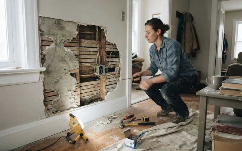 A worker removes old drywall from an interior wall during a strip-out, revealing framing and insulation behind it in an older home