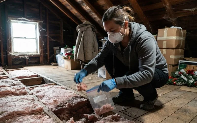 A technician wearing a respirator and protective suit takes a material sample from a wall for lab testing before renovation work begins