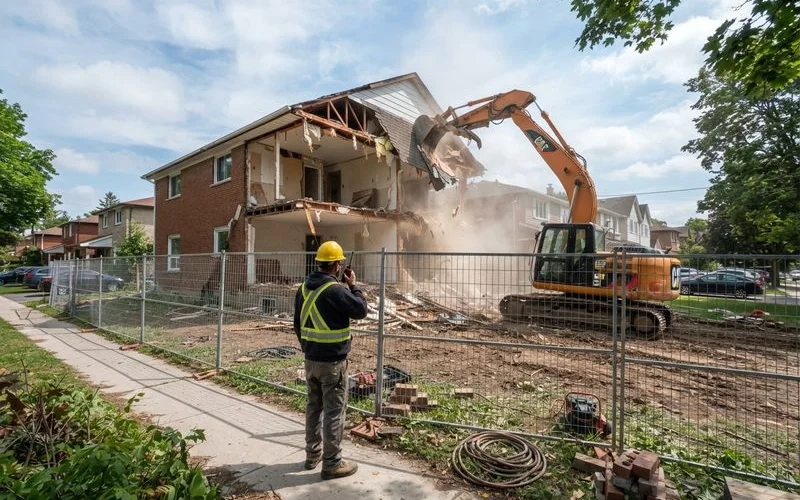 An excavator with a hydraulic attachment works through the frame of a house during a residential demolition project
