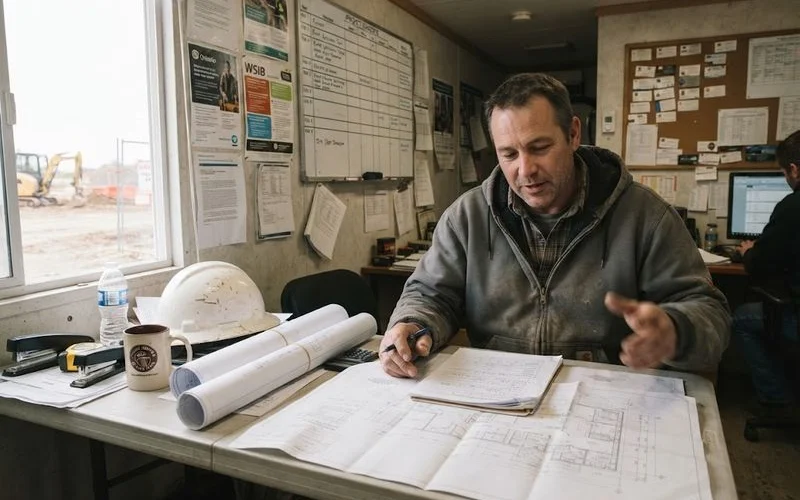 A person reviews building department paperwork and a property survey spread out on a table before submitting a demolition permit application