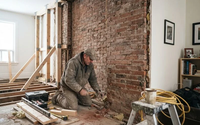 Two adjoining townhouses share a common wall, with demolition equipment positioned carefully on one property to avoid damaging the shared structure