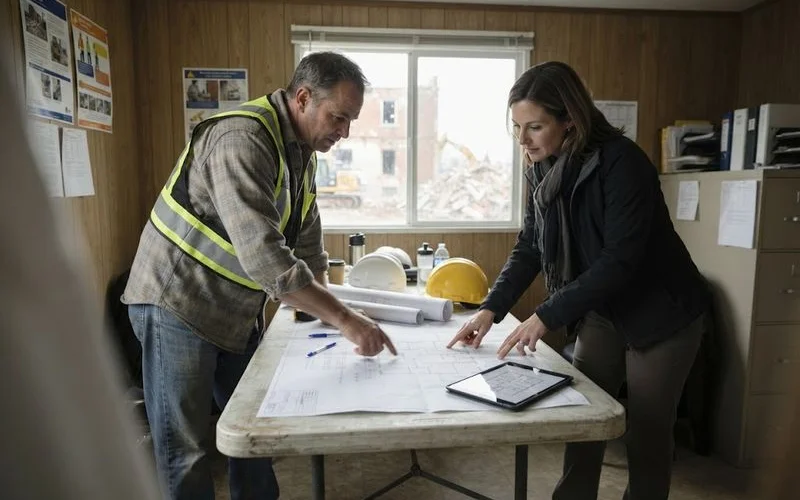 A tidy excavation site in Ontario with a mini excavator, demolition debris bins, and a contractor reviewing a printed site plan