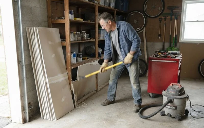 A homeowner wearing safety glasses and gloves removes drywall by hand during a small interior demolition project