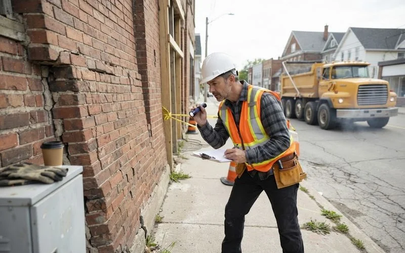 A partially collapsed structure with visible fire damage is cordoned off with warning tape while an assessment is underway