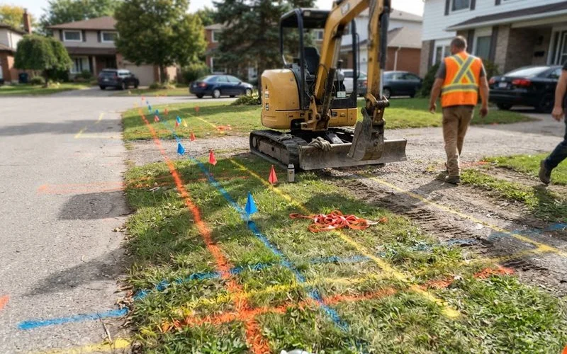 Bright marking flags and spray paint indicate the location of buried utility lines across a property before excavation begins