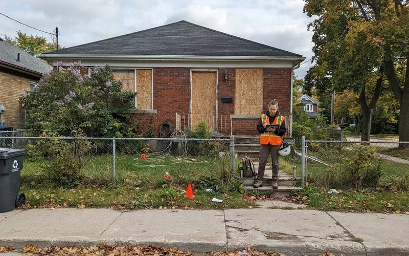 A quiet, long-vacant house with overgrown landscaping sits on its lot, awaiting an assessment before any decision is made